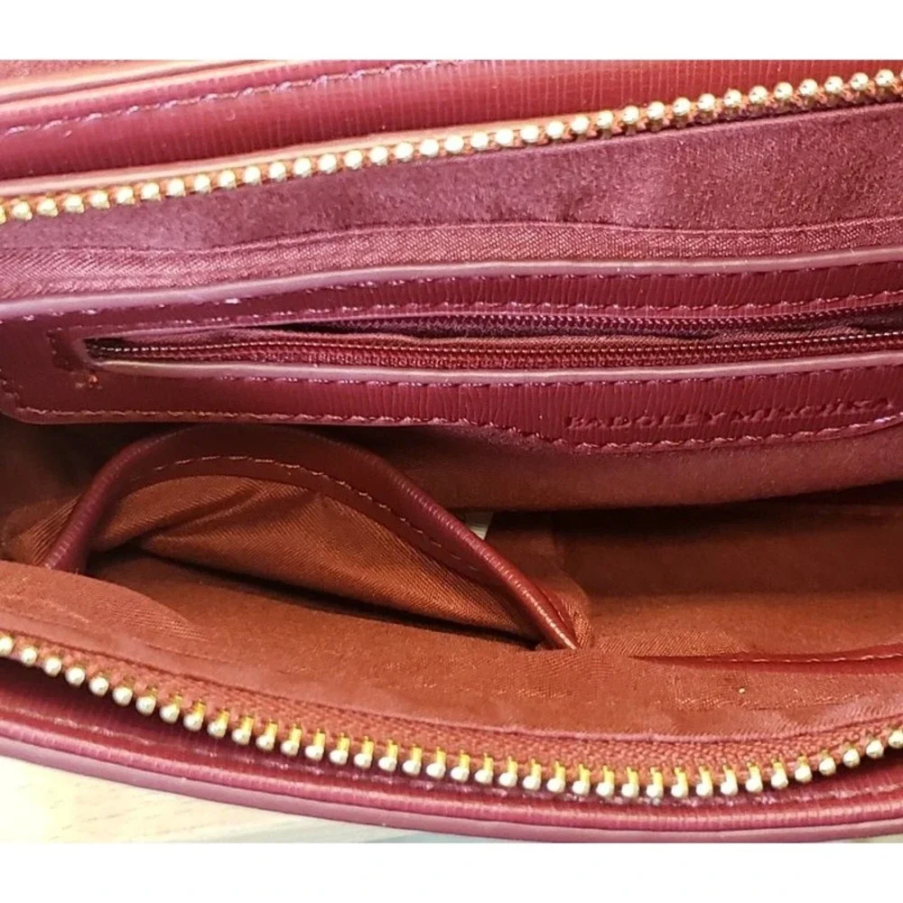 Badgley Mischka Burgundy Saffiano Faux Leather Bow Crossbody Flap Bag Gold Logo